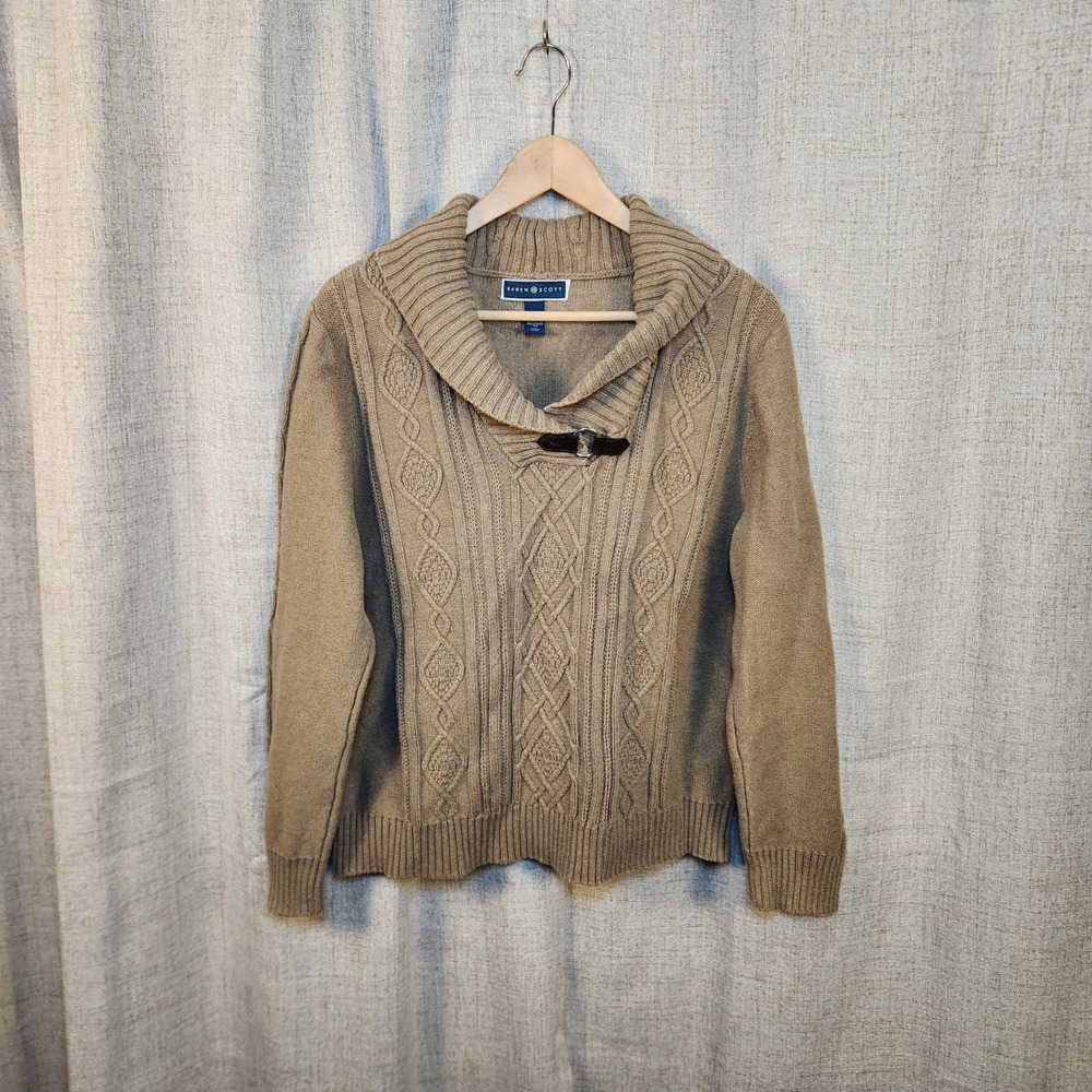 Karen Scott Pullover Knit Sweater Women's XL Beige Shawl Collar Ribbed Leather